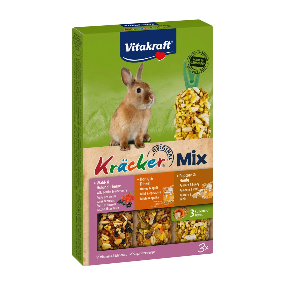 Vitakraft Kräcker Trio-Mix Konijn - Bosbessen/ Honing/popcorn 3 St 1 Vitakraft Kräcker Trio-Mix Konijn - Bosbessen/ Honing/popcorn 3 St