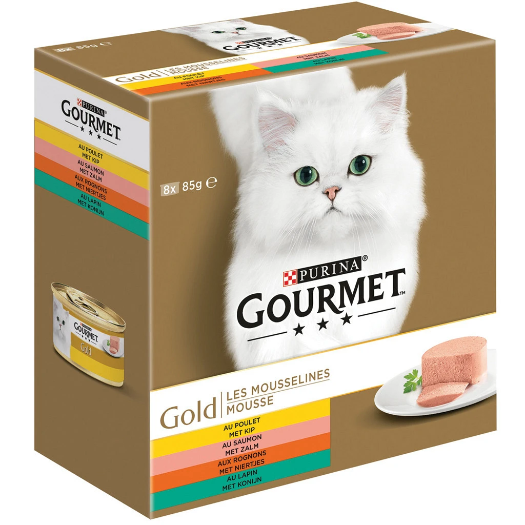 Gourmet Kattenvoer Gold Mousse Kip, Zalm, Konijn 8 X 85 Gr 1 Gourmet Kattenvoer Gold Mousse Kip, Zalm, Konijn 8 X 85 Gr